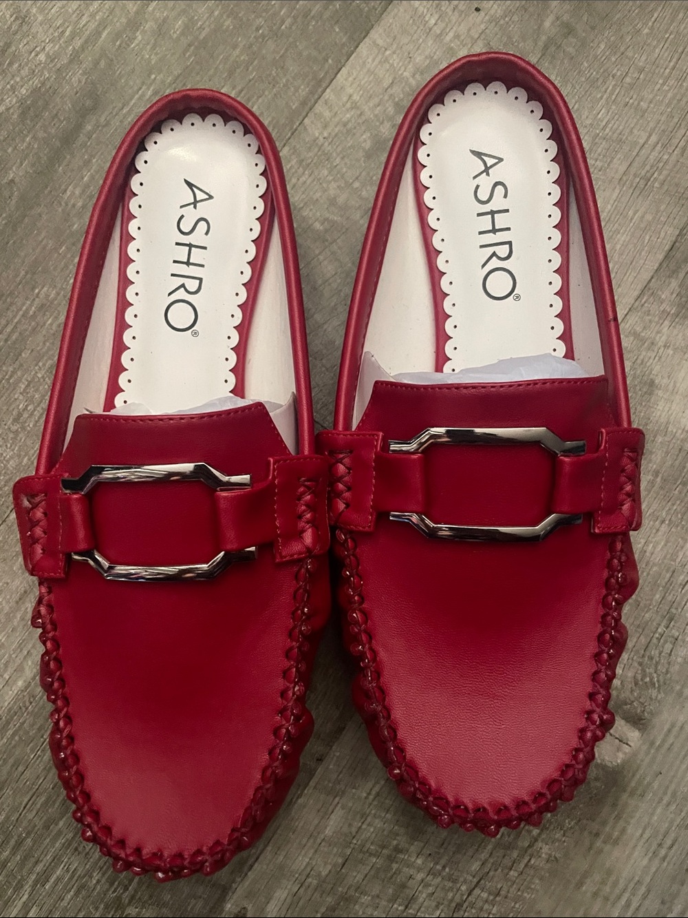 Ashro Red Faux Leather Loafers with Silver Buckle Accent